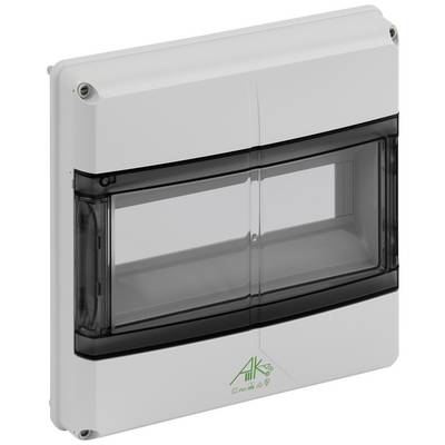 White plastic box with transparent lid, suitable for electrical installations. Square-shaped with a grey surface.