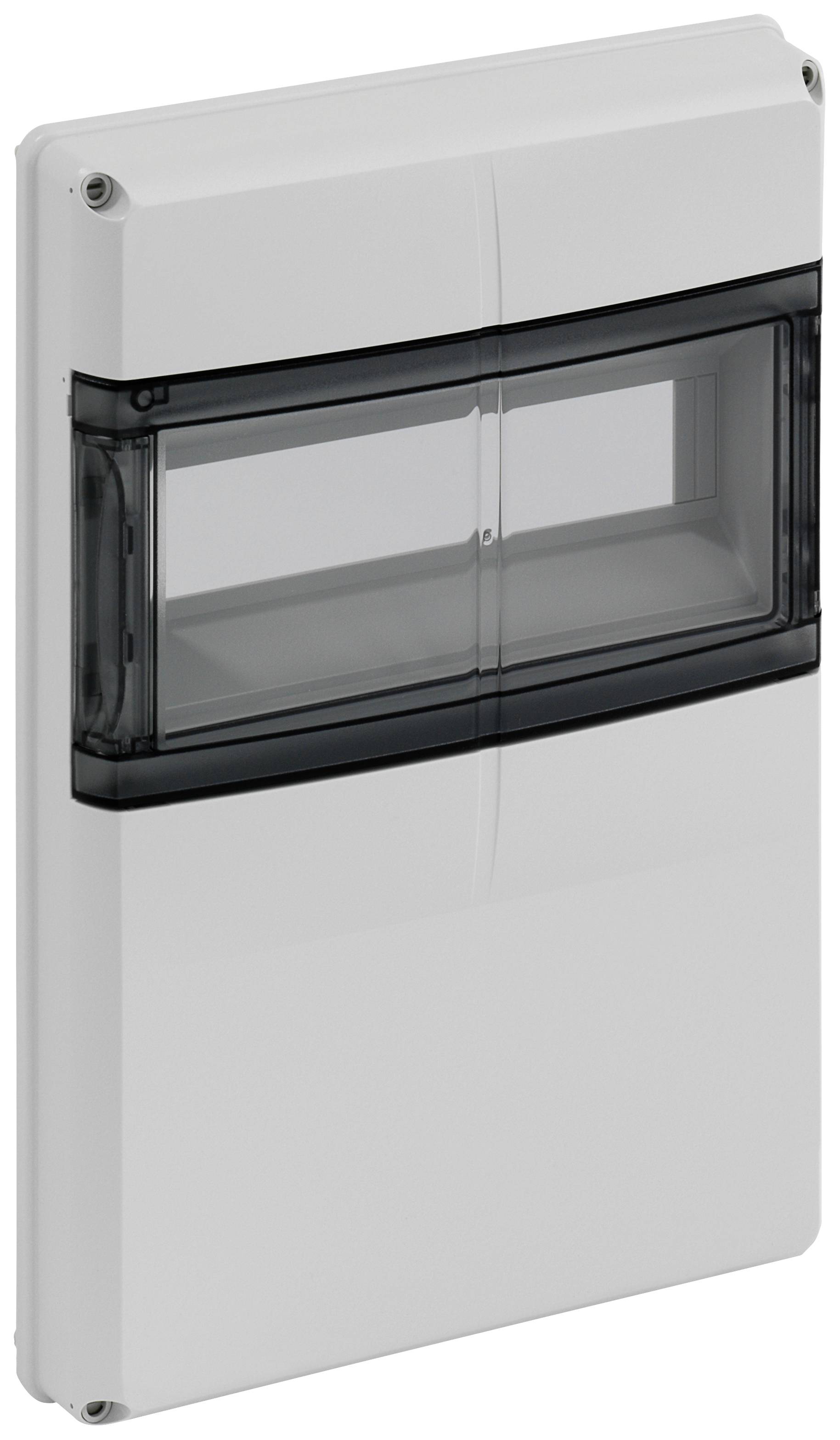 A grey plastic enclosure with a dark, transparent window, used for electrical installations.