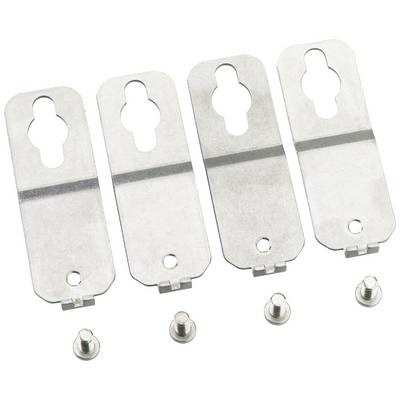 Four metal mounting brackets and four screws on a white background.