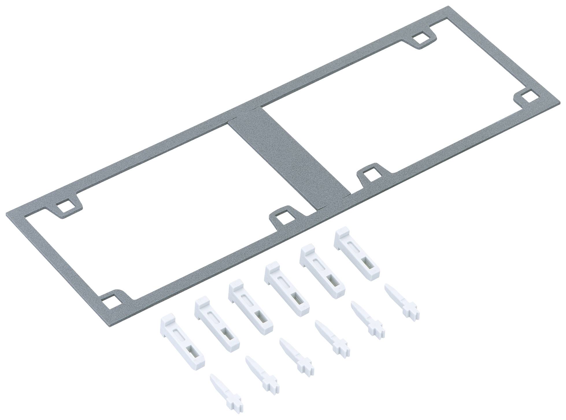 Metal frame with rectangular cut-outs and seven white plastic plugs.