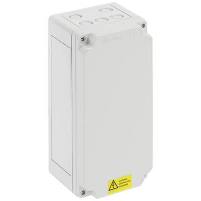 Grey electrical cabinet with multiple cable openings and a yellow warning sign 'Caution! Surface Tension'.