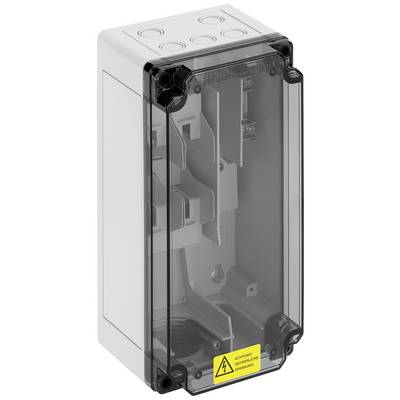 Enclosures for electrical installations with transparent lid. Yellow warning sign with lightning symbol and 'CAUTION! DANGER'.