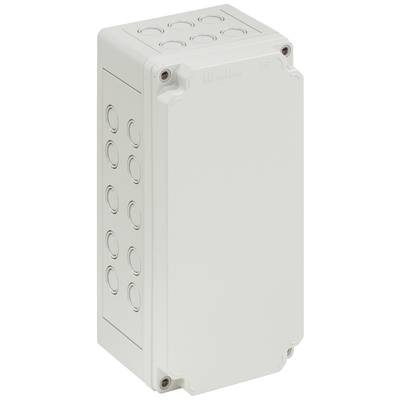 Rectangular white plastic housing with multiple round knockout openings on the sides, suitable for electrical connections.