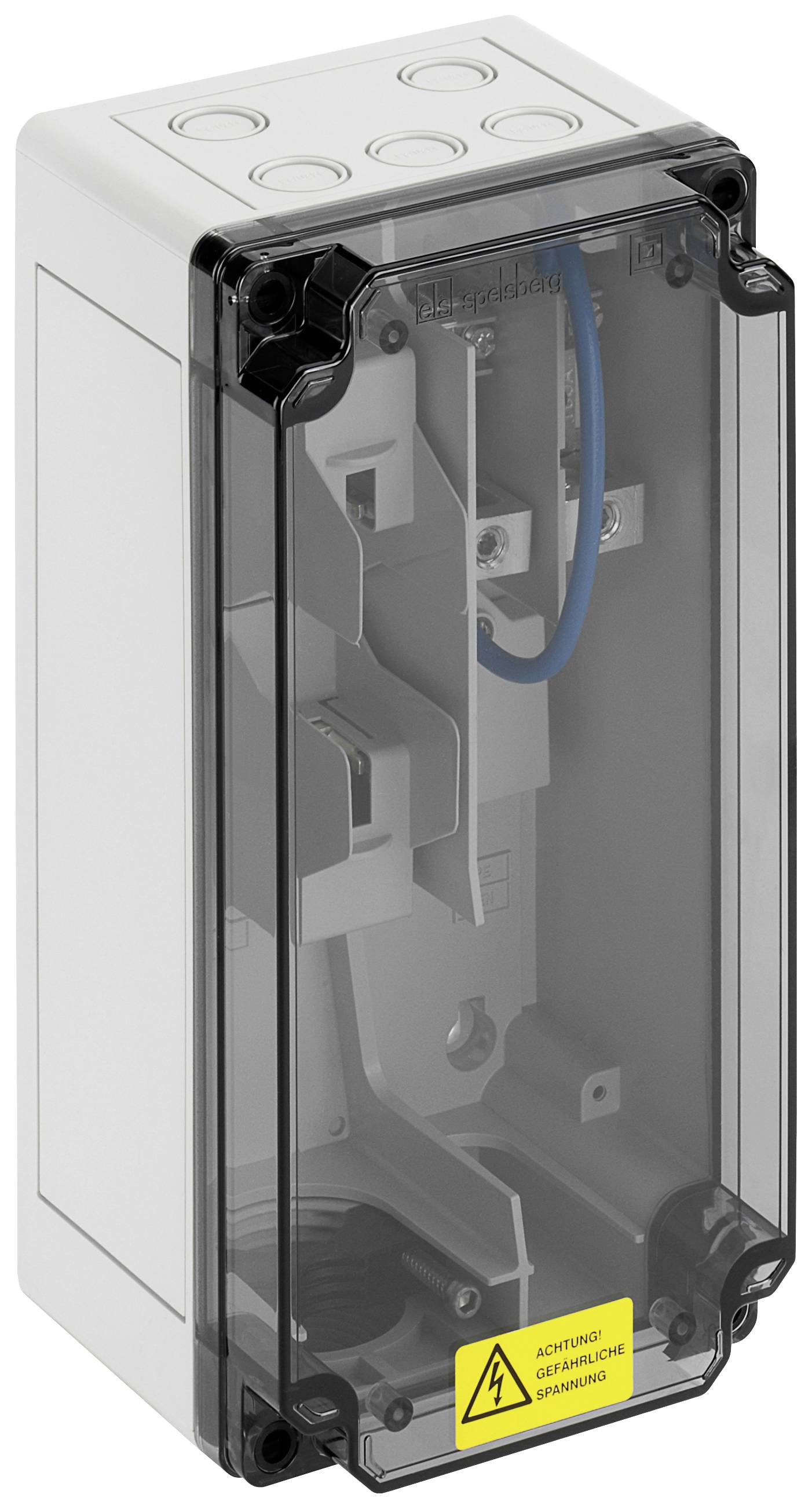 An empty, vertical fuse box with a transparent lid and a yellow warning sticker featuring a lightning bolt symbol, cautioning against electric shock.