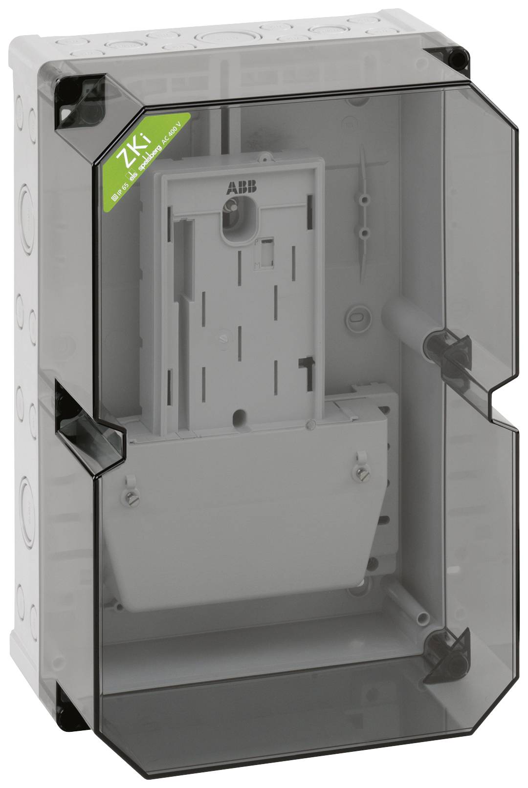 Plastic casing with a transparent lid, marked with a green ZKI sticker. Contains an internal mounting bracket for small electrical components.