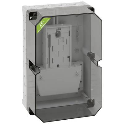 Plastic casing with a transparent lid, marked with a green ZKI sticker. Contains an internal mounting bracket for small electrical components.