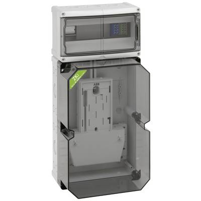 A grey electrical enclosure with transparent covers, partially open. Internal connections and electrical components are visible.
