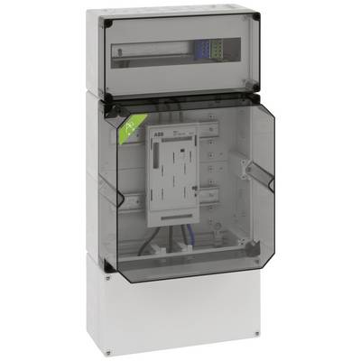 Electrical control cabinet with a transparent lid and multiple connections. Colour-coded cables are visible at the top, with an ABB control unit located at the bottom.