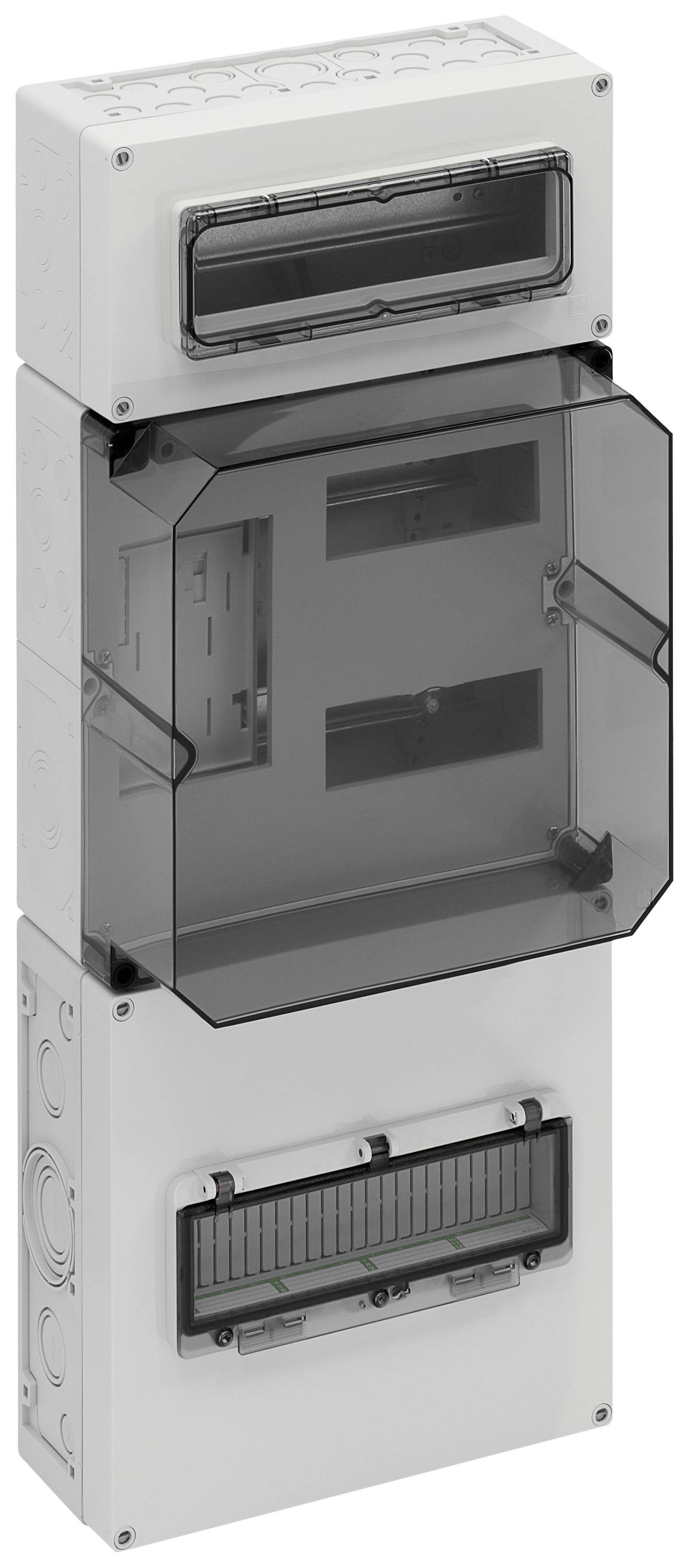 A white, rectangular distribution board with multiple compartments and clear view covers, suitable for electrical installations.