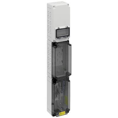 Assembly of an electrical distribution board with a transparent casing, showing cable channels and a meter, mounted on a white background.