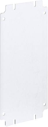 Silver aluminium plate with a rectangular shape and small indentations along the edges. Suitable for mounting purposes.