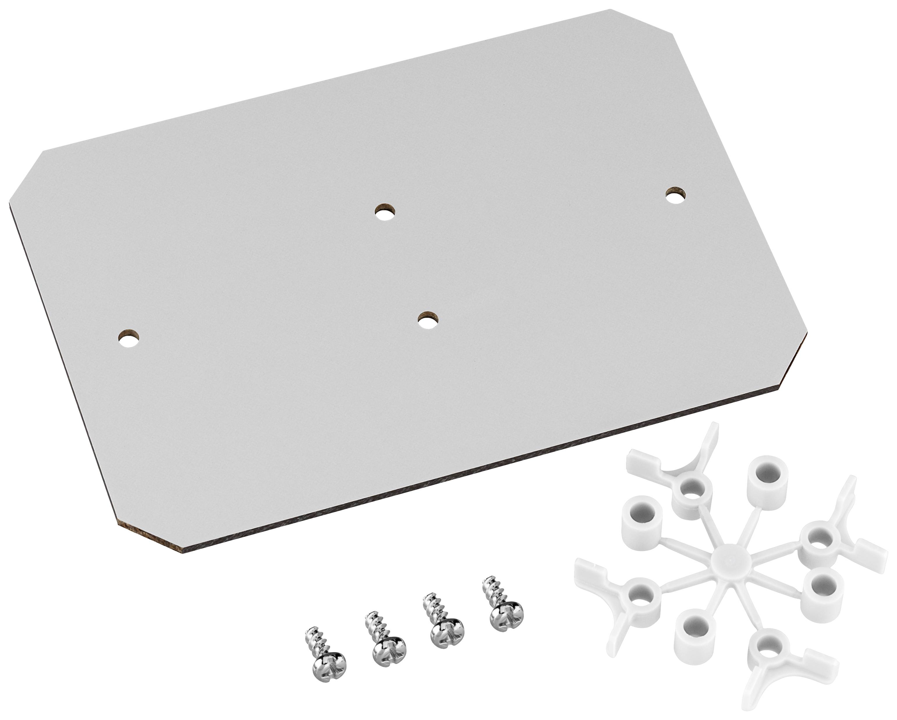 Mounting plate with four screws and a cross-shaped fixing element, which can be used for installing devices or enclosures.