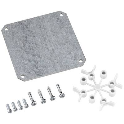 Metal plate with four corners, six screws and a white, star-shaped plastic component on a white background.