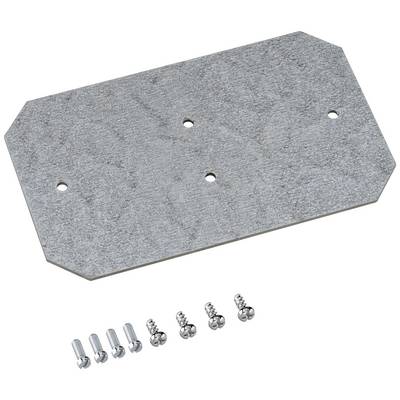 Metal plate with four drill holes. Six matching screws arranged alongside.