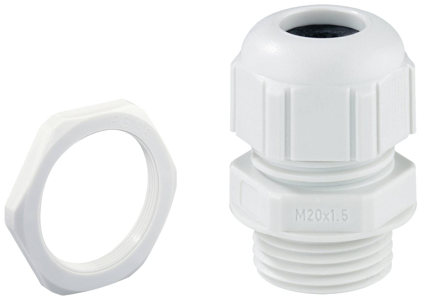 White cable gland with seal and locknut, for secure cable fastening and sealing in electrical installations.