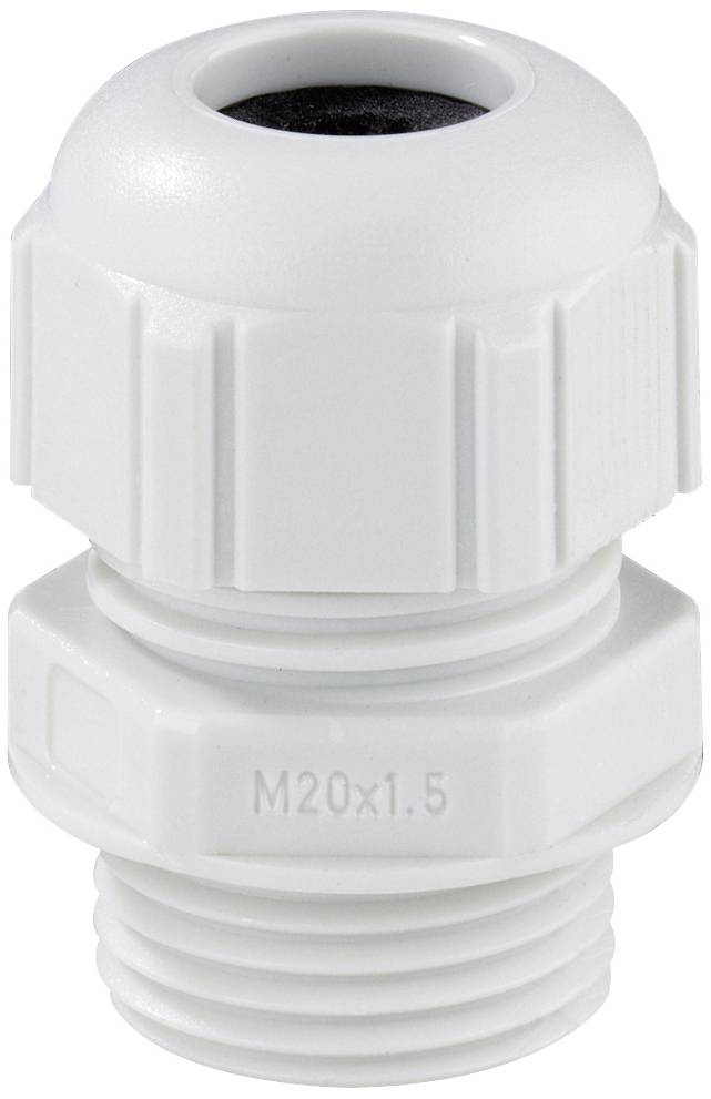 A white cable gland with the marking 'M20x1.5', made of plastic, is used for secure cable fastening and sealing.