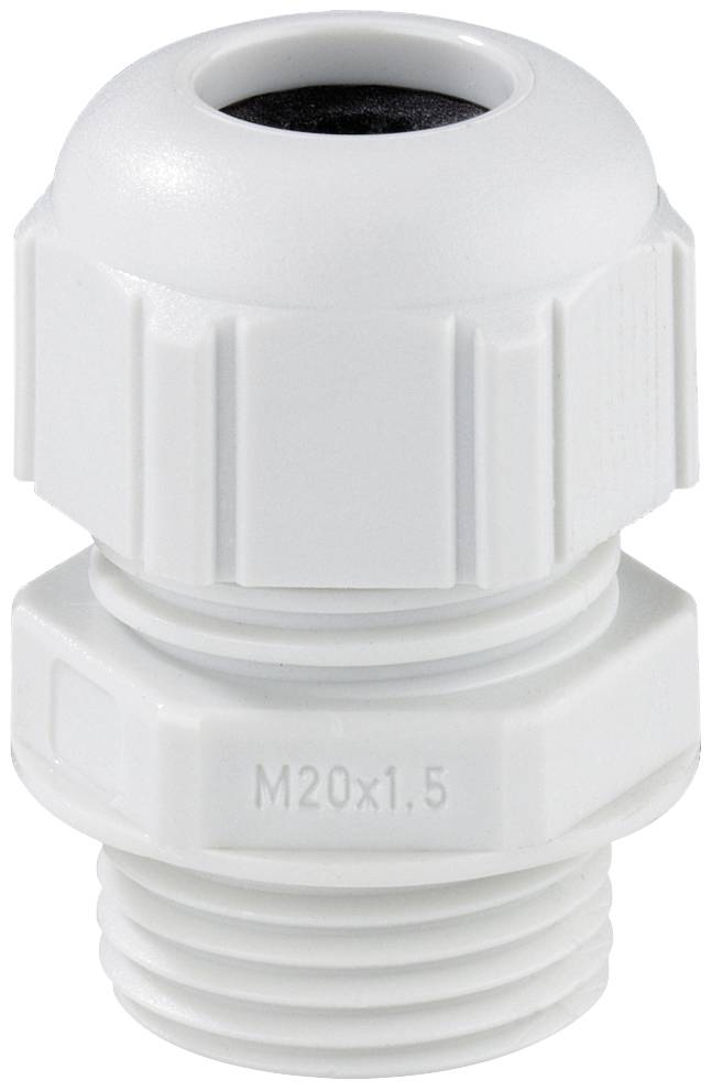 White plastic cable gland with M20x1.5 thread, used for securely introducing cables into enclosures or devices.