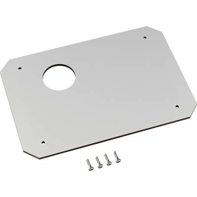 Silver metal plate with a round hole in the centre, accompanied by four screws.