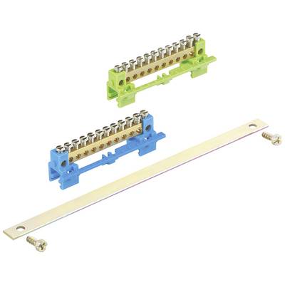 Green and blue electrical terminal blocks with metal strip and screws for electrical wiring.