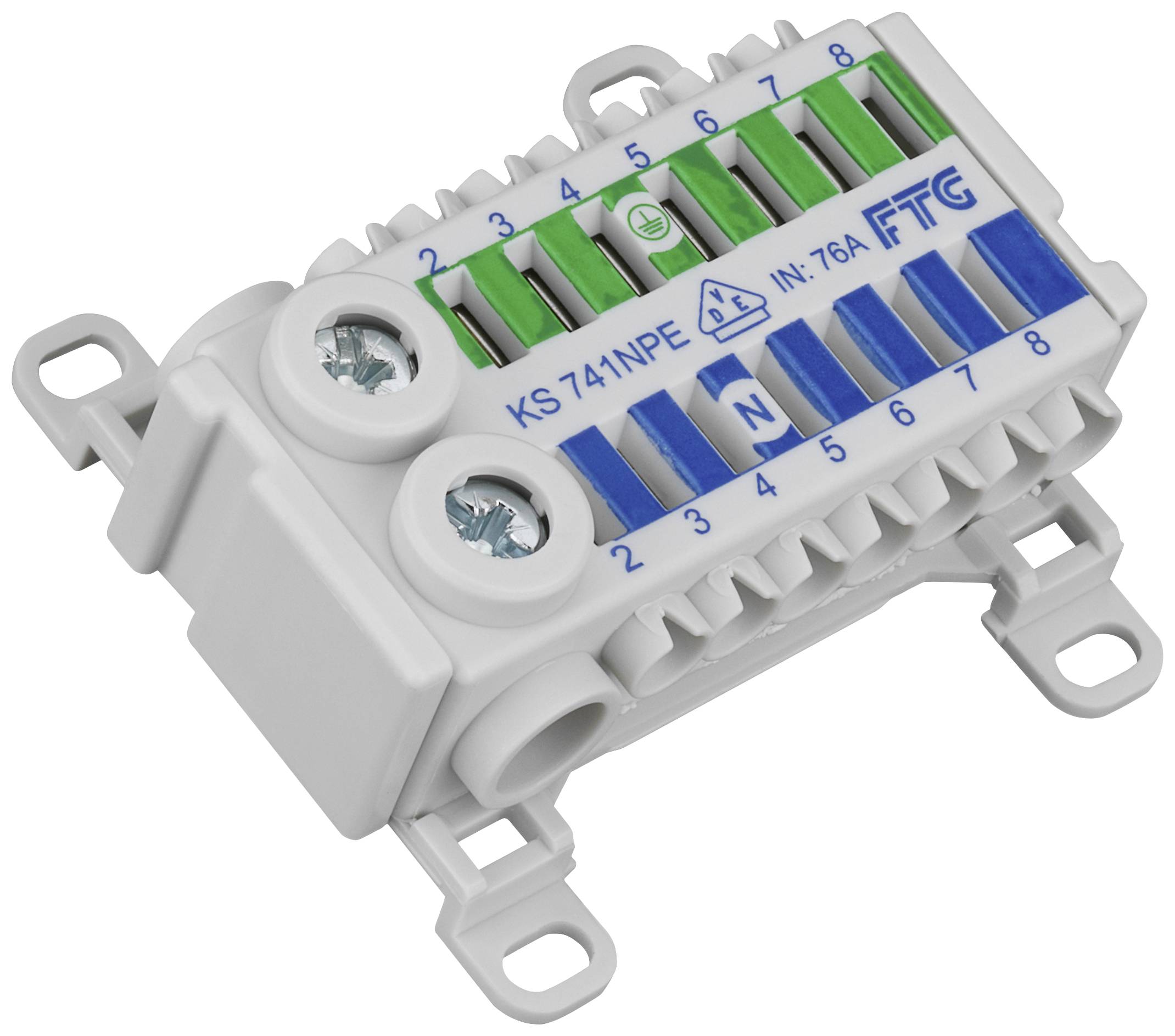Terminal block with label 'KS 741NPE' and 'IN: 76A', distributing green and blue sectors, with screw fixings.