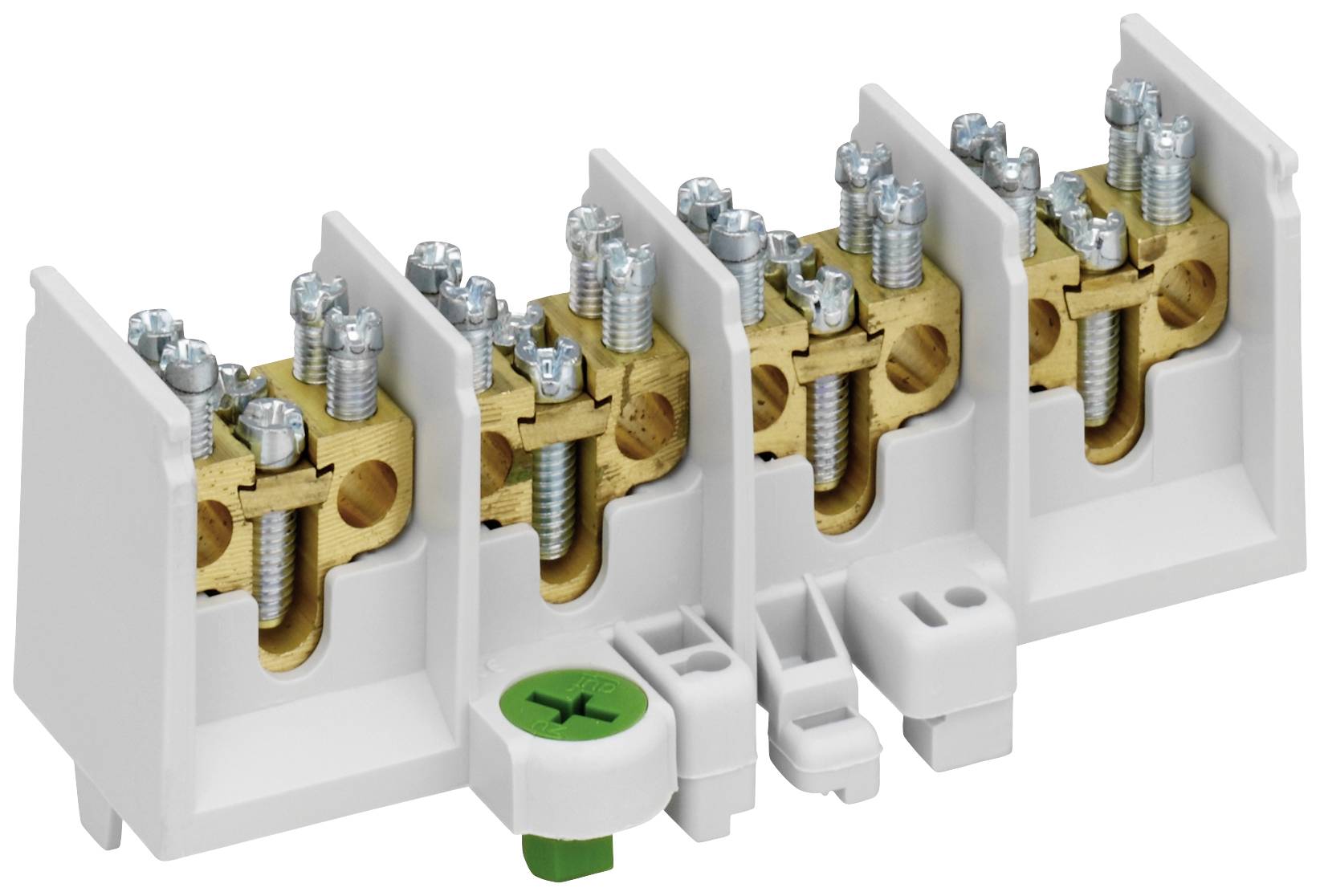 White electrical terminal block with four copper connections and screws, for secure wiring in electrical installations.