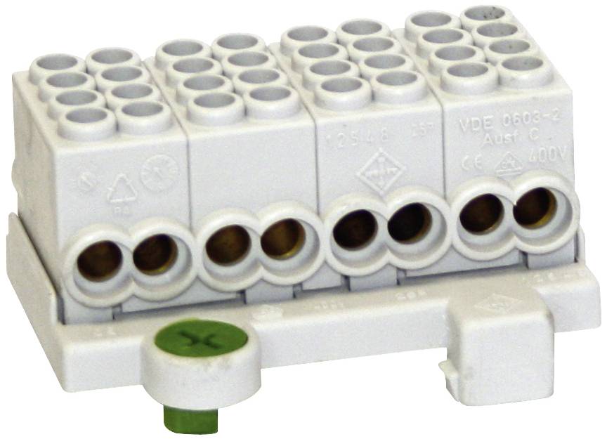 'Plastic electrical terminal block with multiple connection points for securing cables, suitable for up to 400V.'