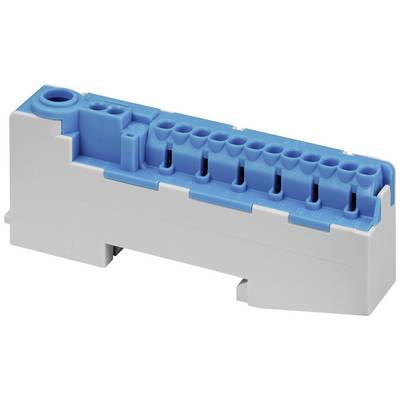 A light grey and blue electrical terminal block with multiple connection holes, used for connecting cables in distribution boxes.