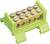 A green earthing distribution block with a golden metal alloy and multiple screw terminals for securing electrical connections.
