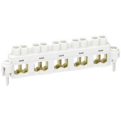 White electrical cable connector with multiple terminal blocks and fixing screws. Suitable for connection work.