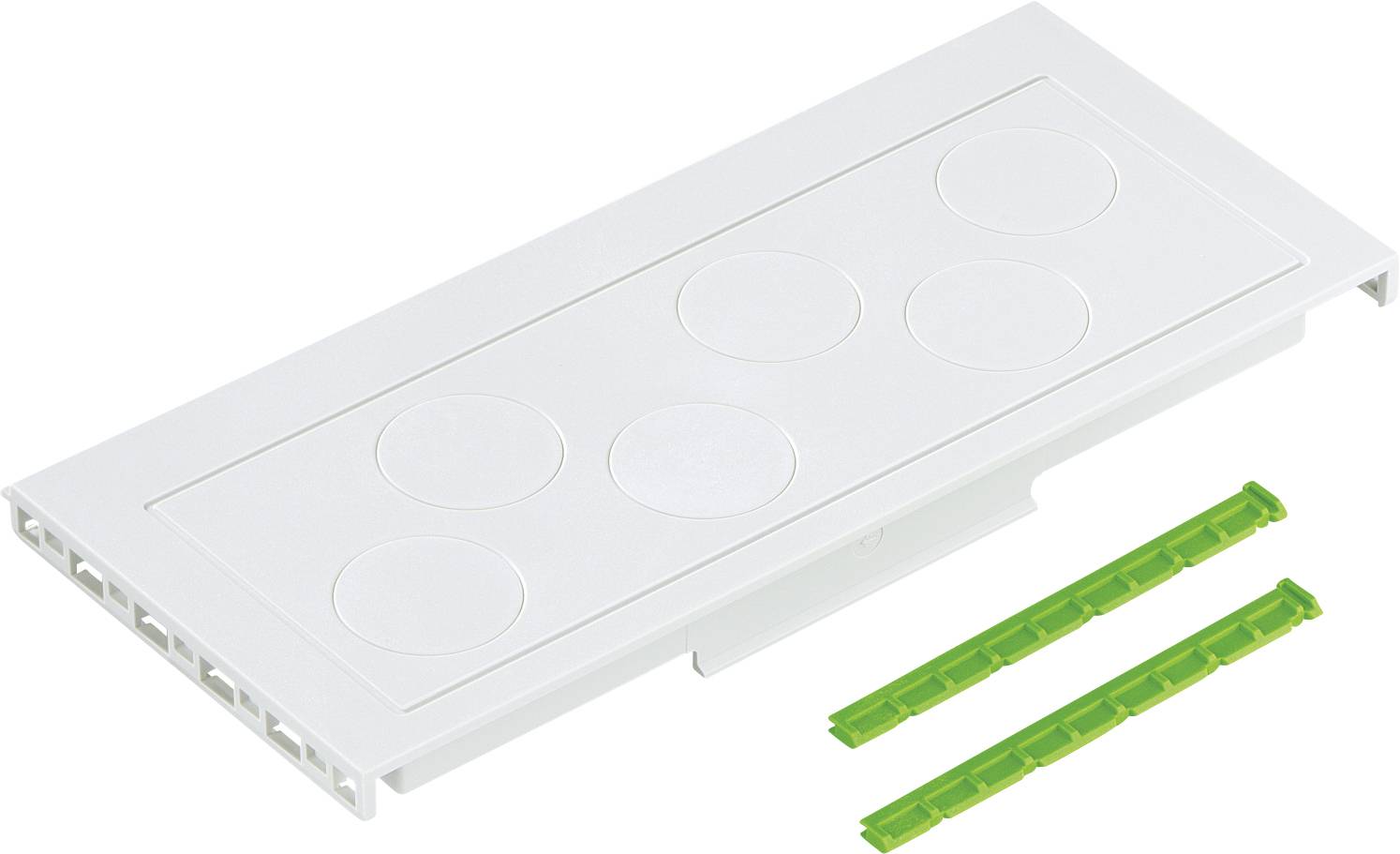 White plastic cover with six round cut-outs, next to two green plastic components.