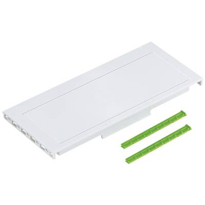 White rectangular cover plate with two green strips beside it, likely for technical installations.