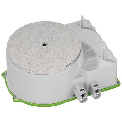 A white-grey device with two connections on a green base, potentially a technical component or filter.