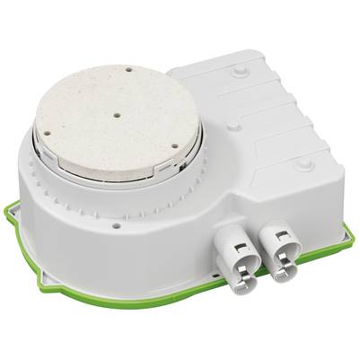 A white, cylindrical component with electrical connections and a round, flat attachment. Apparently for technical applications.