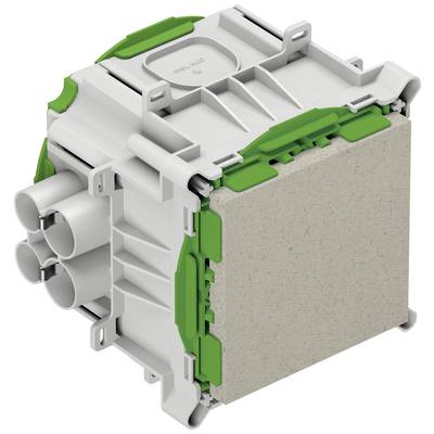 A green and white electrical device with multiple connections and a rectangular housing, shown from the side.
