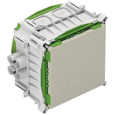 A rectangular green and grey junction box with multiple cable connections on the side.