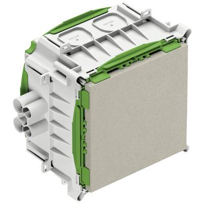 A rectangular electrical component with white and green elements, multiple terminals, and plug-in connections.