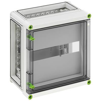 A blank, grey plastic electrical distribution box with a transparent lid and green screws at the corners.