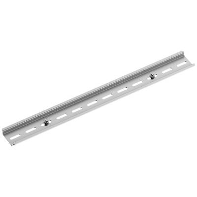 Metal rail with evenly distributed holes, two visible fixing screws. Suitable for construction or assembly purposes.