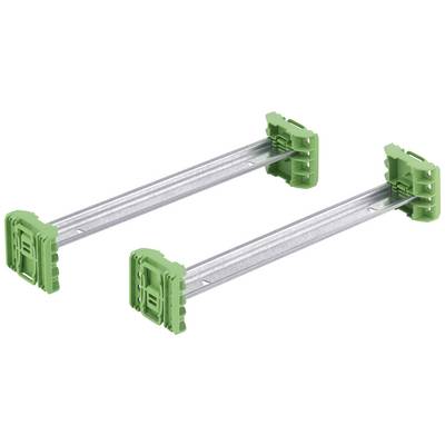 Two green plastic brackets with metal struts, arranged horizontally, for stabilisation or mounting in technical applications.
