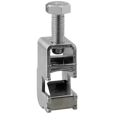A silver metal screw clamp, vertically positioned, with a visible screw at the top and an open clamping area at the bottom.