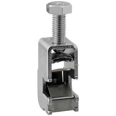 Metal clamp with screw and mounting bracket, used for securely fastening metal components. Suitable for industrial applications.