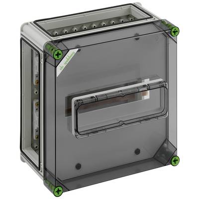 A translucent distribution box with a grey frame and green screws at the corners. Visible switchboard inside.