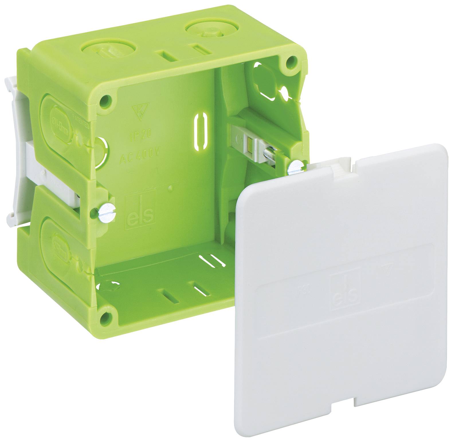 Green, square flush-mounted electrical box with removable white cover, suitable for electrical installations in walls.