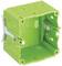 Green flush-mounting junction box with multiple openings and screw closures, suitable for the installation of electrical components.