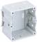 'Empty, white recessed electrical back box with side openings and screw fixings, suitable for electrical installation in walls.'