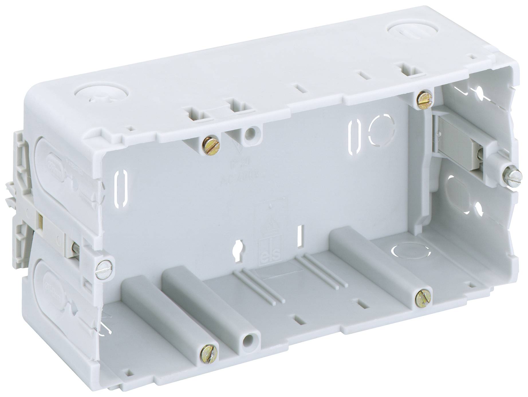 White recessed wall box with multiple screw holes for mounting in the wall.
