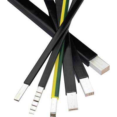 Several flat cables in black and yellow-green, crossed and spread out, show different cross-section types and material colours.