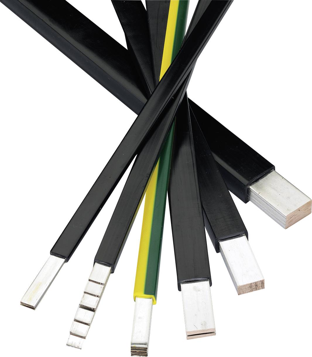 A group of flat conductors in various colours and sizes, primarily black, some with yellow and green stripes.