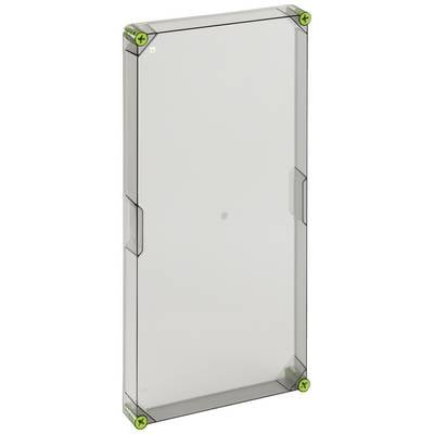Rectangular, transparent plastic cover with green-marked corners. Suitable for protective frames or enclosure covers.