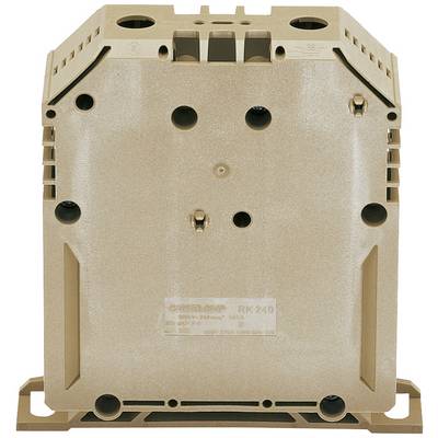 A brown-beige electrical enclosure with multiple openings and a sticker displaying technical specifications in the centre.